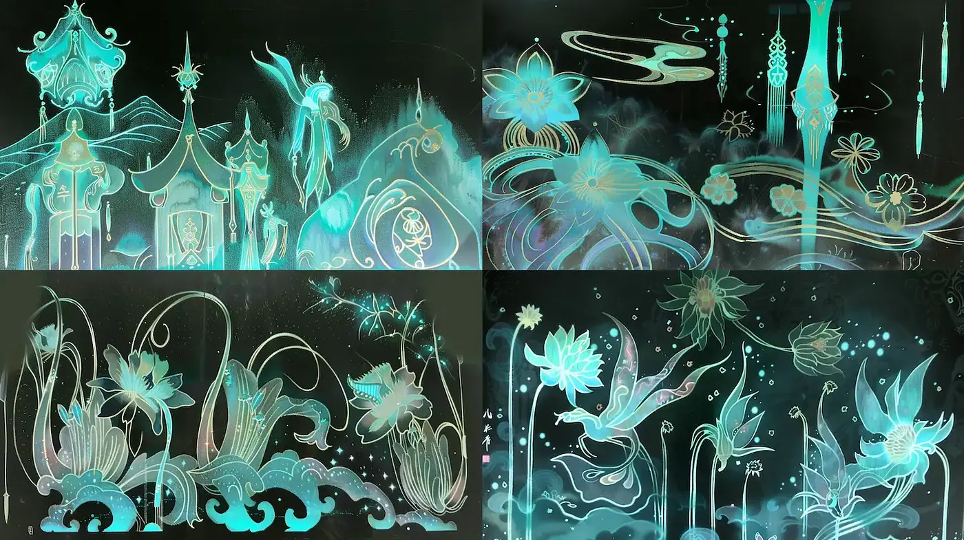 Ethereal and Mystical Floral Fantasy with Asian Architectural Elements - Midjourney sref style