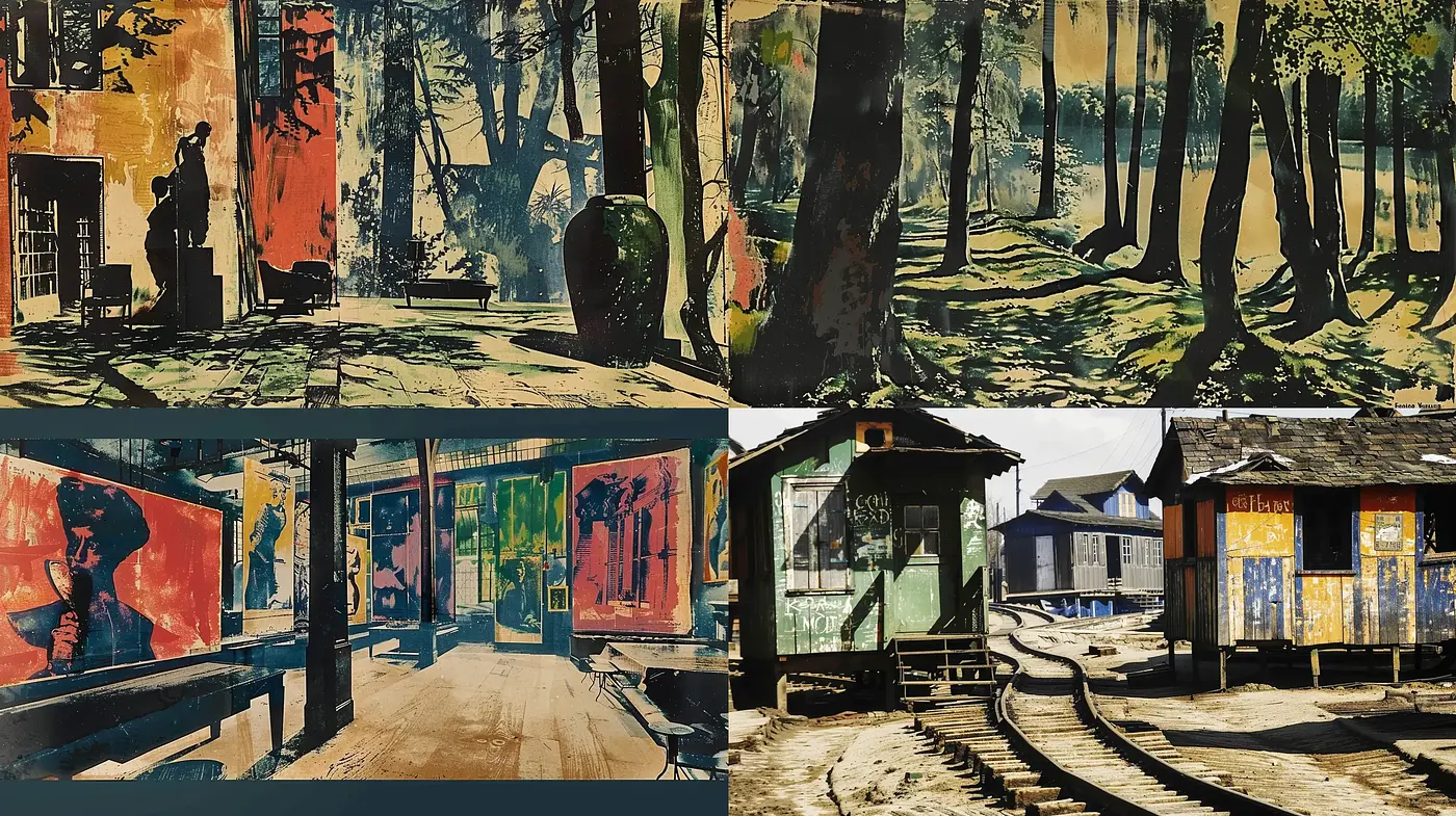 Sombre-hued painterly scenes with textural contrasts - Midjourney sref style