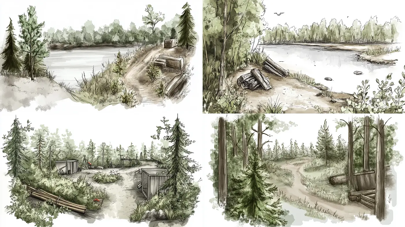 Transquil Nature Scenes with Earthy Tones and Sketch-like Textures - Midjourney sref style