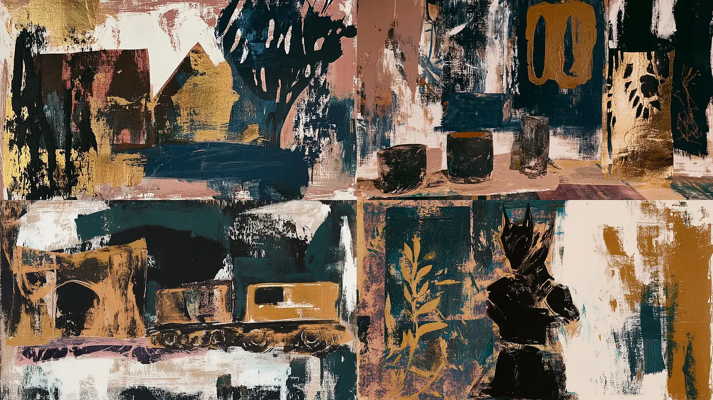 Rustic Textural Harmony: An Assemblage of Earthen Tones and Abstract Forms - Midjourney sref style
