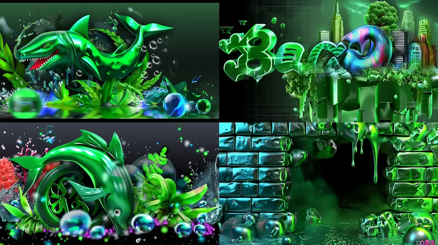 Vibrant, futuristic, and playful aesthetic with a cohesive green palette - Midjourney sref style