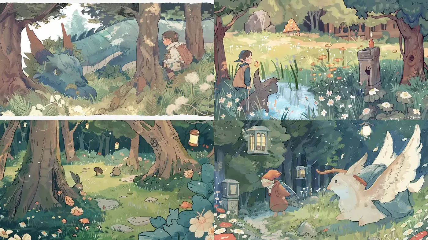 Whimsical and Serene Fantasy Landscape with Playful Creatures - Midjourney sref style