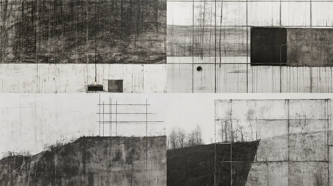 Monochrome Contemplations in Textured Abstraction - Midjourney sref style