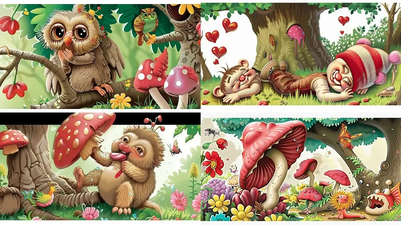 Enchanted Forest Whimsy: A Consistent Tale of Vibrant Flora and Fauna - Midjourney sref style