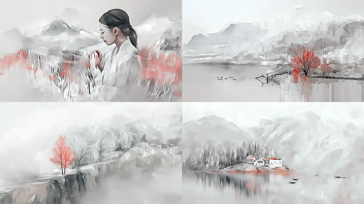 Ethereal Monochrome Dreamscape with Red Accents - Midjourney sref style