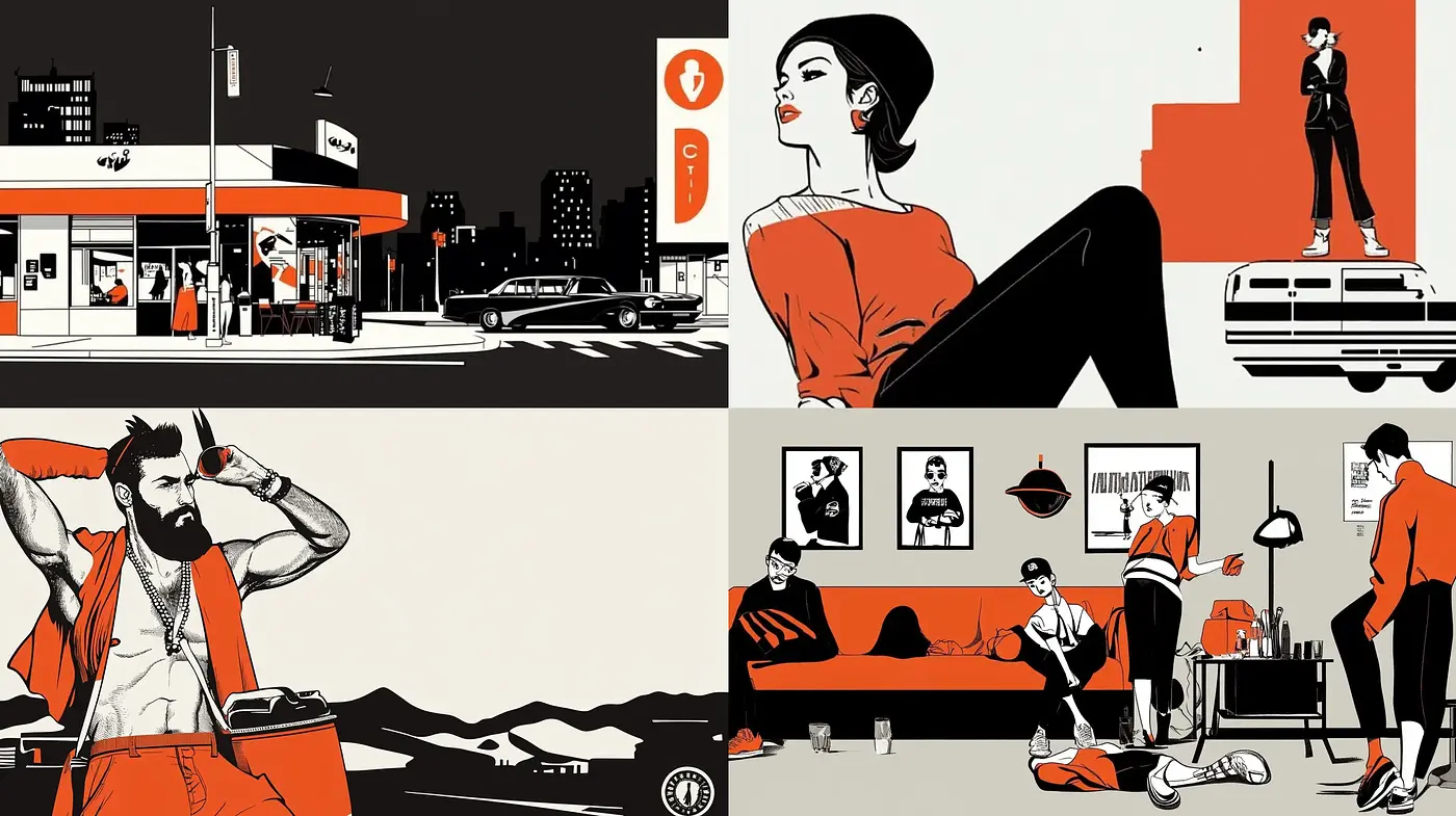 Vintage Pop Art Revival with Bold Contrast and Monochromatic Elegance - Midjourney sref style