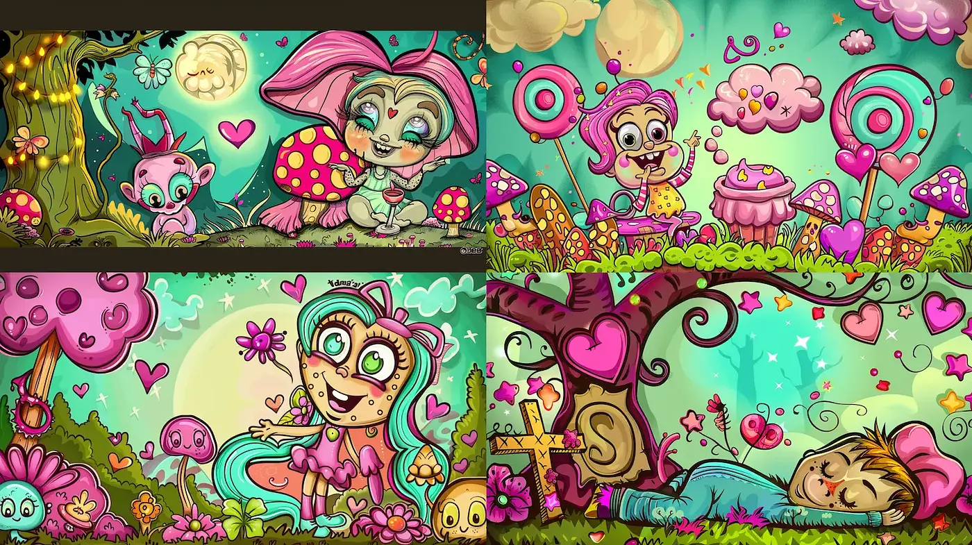 Whimsical and Colorful Fantasy Art with Playful Elements - Midjourney sref style