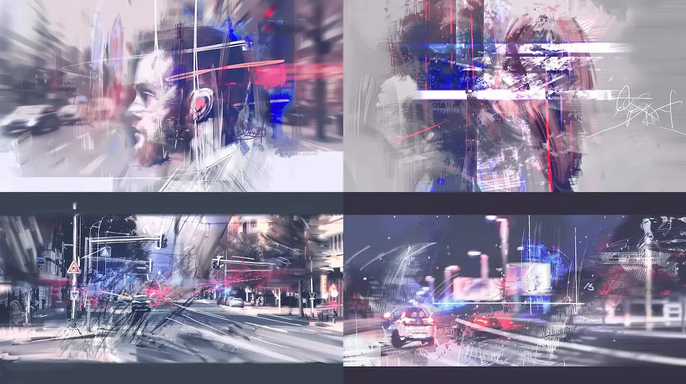 Dynamic and Abstract Urban Exploration with a Futuristic Touch - Midjourney sref style