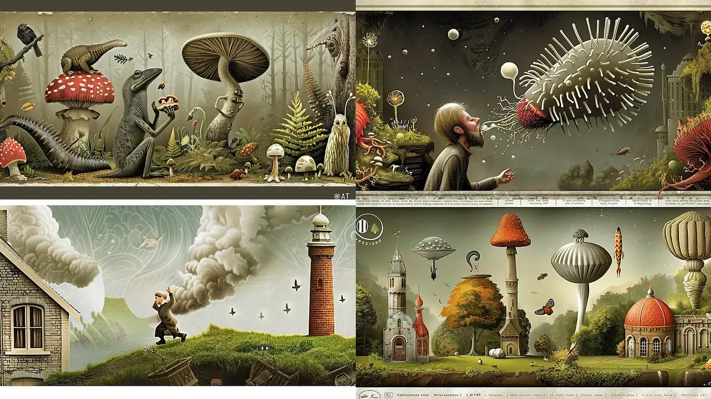 Whimsical and Surreal Illustrations with Playful Imagery - Midjourney sref style