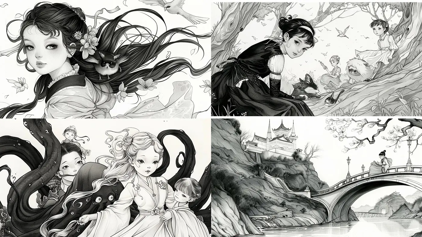 Monochromatic Elegance: A Timeless Homage to Ink Wash Illustrations and Dreamy Storybook Aesthetics - Midjourney sref style