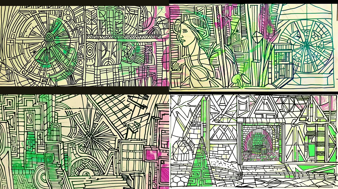 Stylized Geometric Abstraction with a Retro Digital Aesthetic - Midjourney sref style