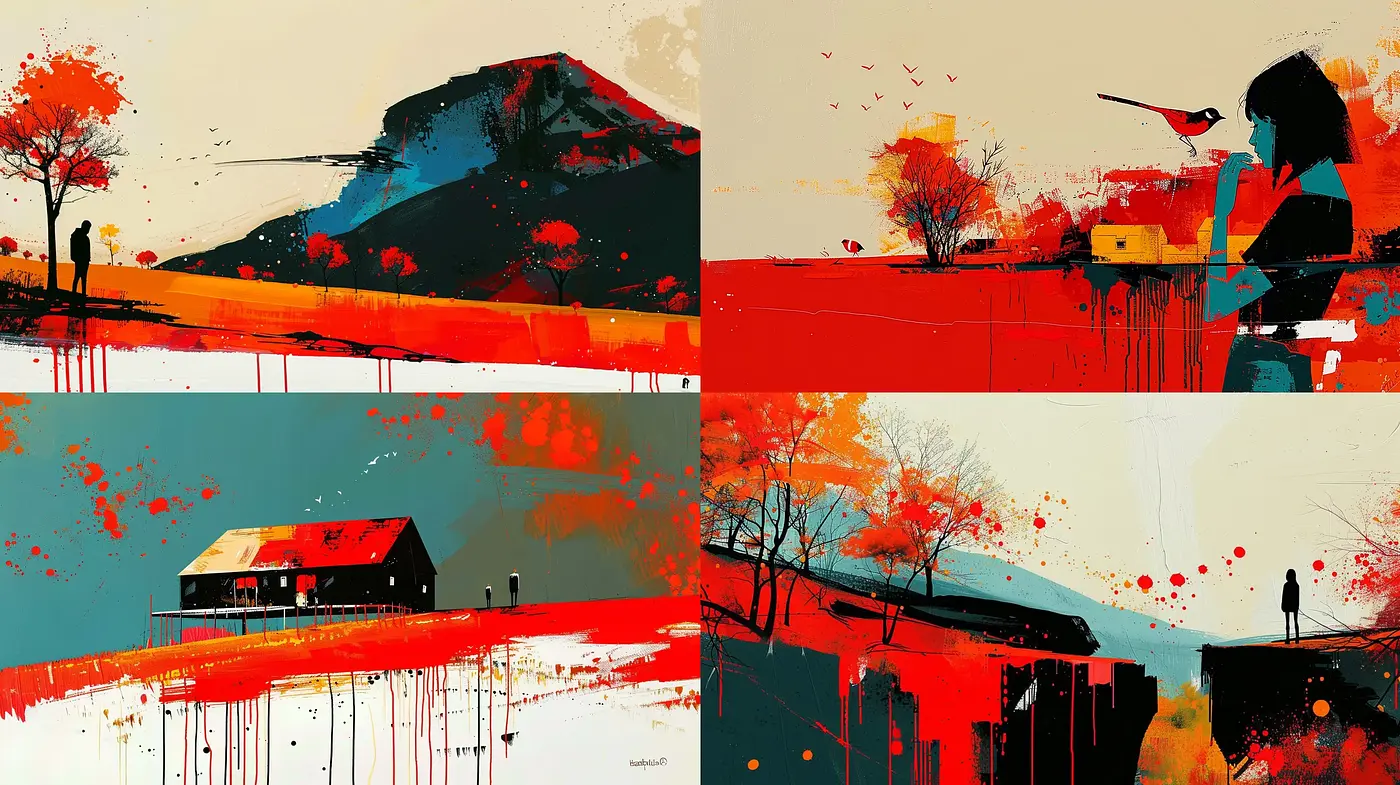 Chromatic Splashes and Silhouetted Narratives in Modern Digital Abstract Expressionism - Midjourney sref style