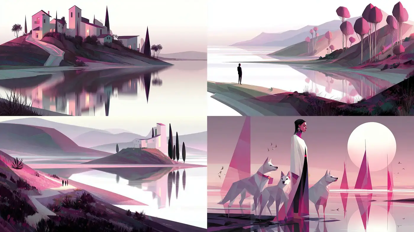 Stylized minimalism with serene landscapes and geometric abstraction - Midjourney sref style