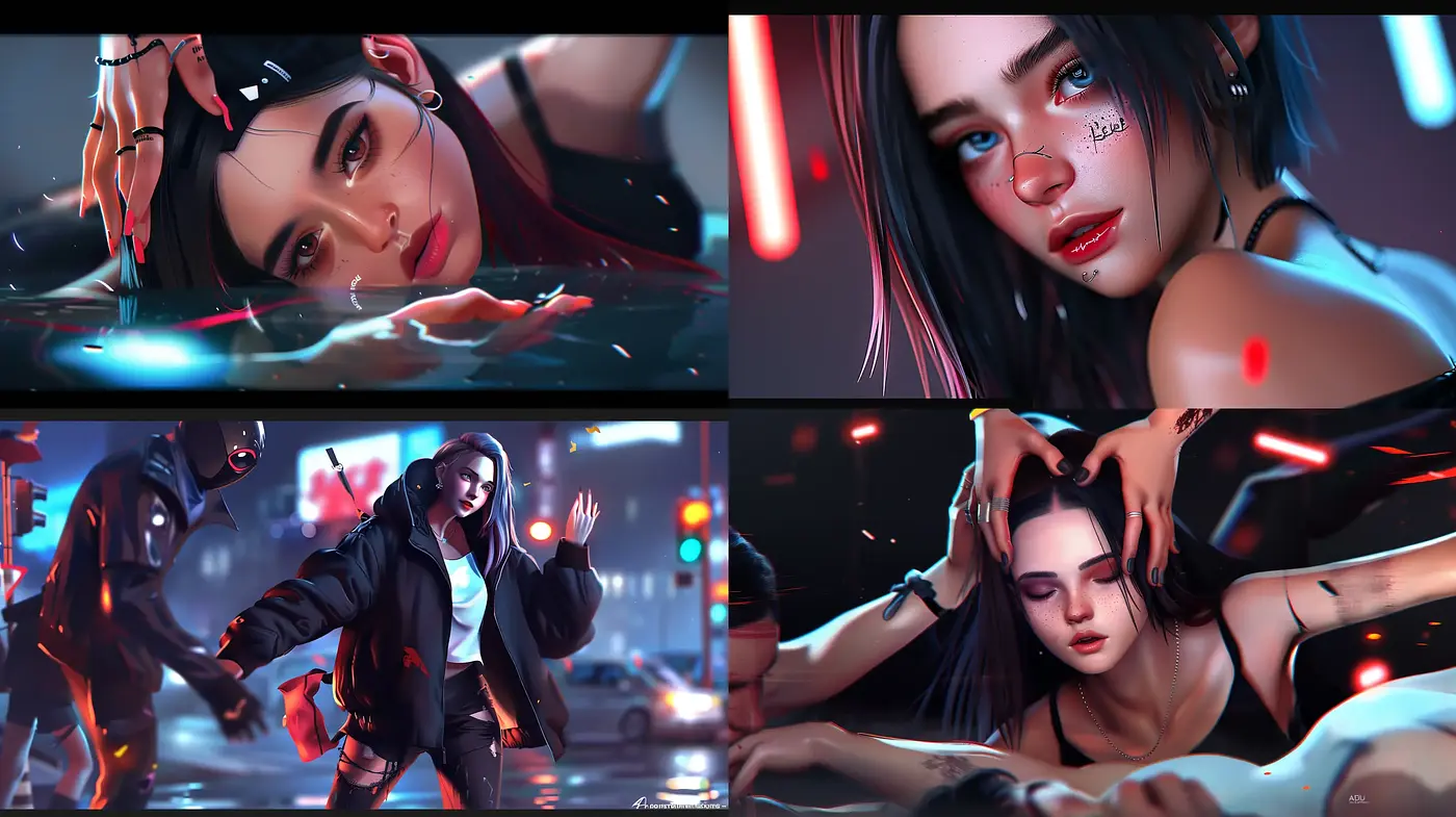 Neon Noir Visions: A Synthesis of Cyberpunk Aesthetics and Evocative Emotions - Midjourney sref style
