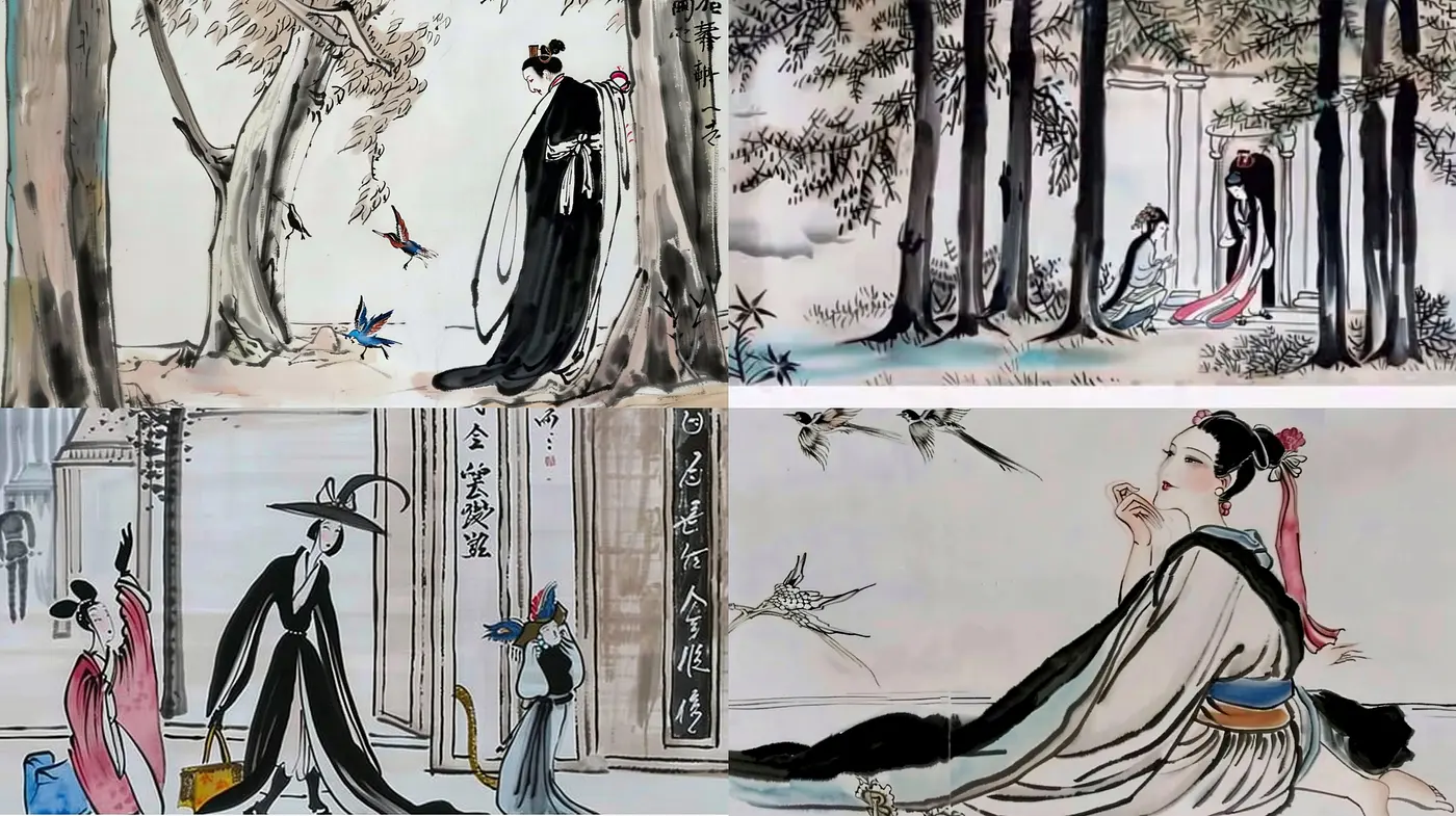 Elegant Fusion of Classical Chinese Ink Wash and Contemporary Illustration - Midjourney sref style