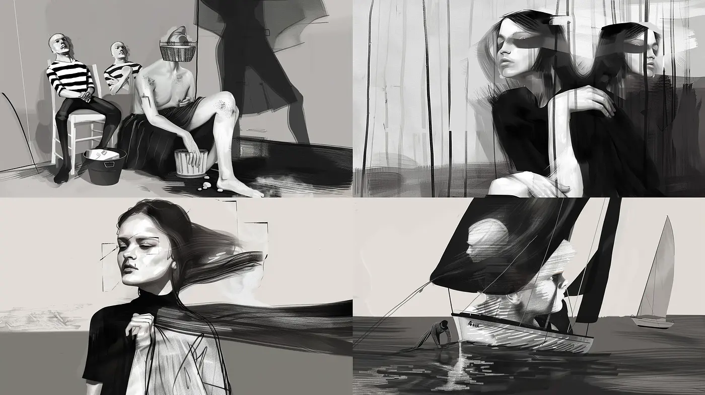 Monochromatic Elegance: A Study in Grayscale Brushwork - Midjourney sref style