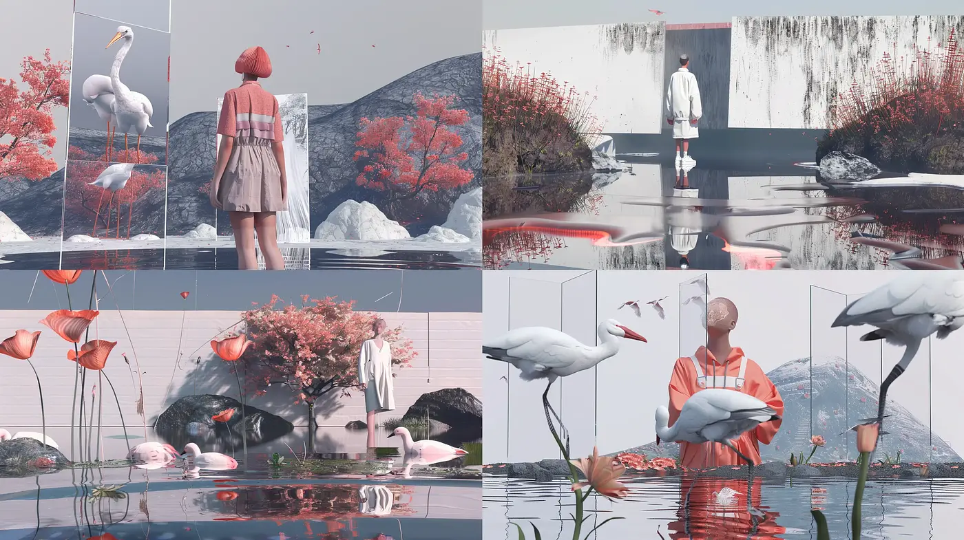 Surreal Serenity in Red and Gray: A Synthesis of Reflective Tranquility - Midjourney sref style