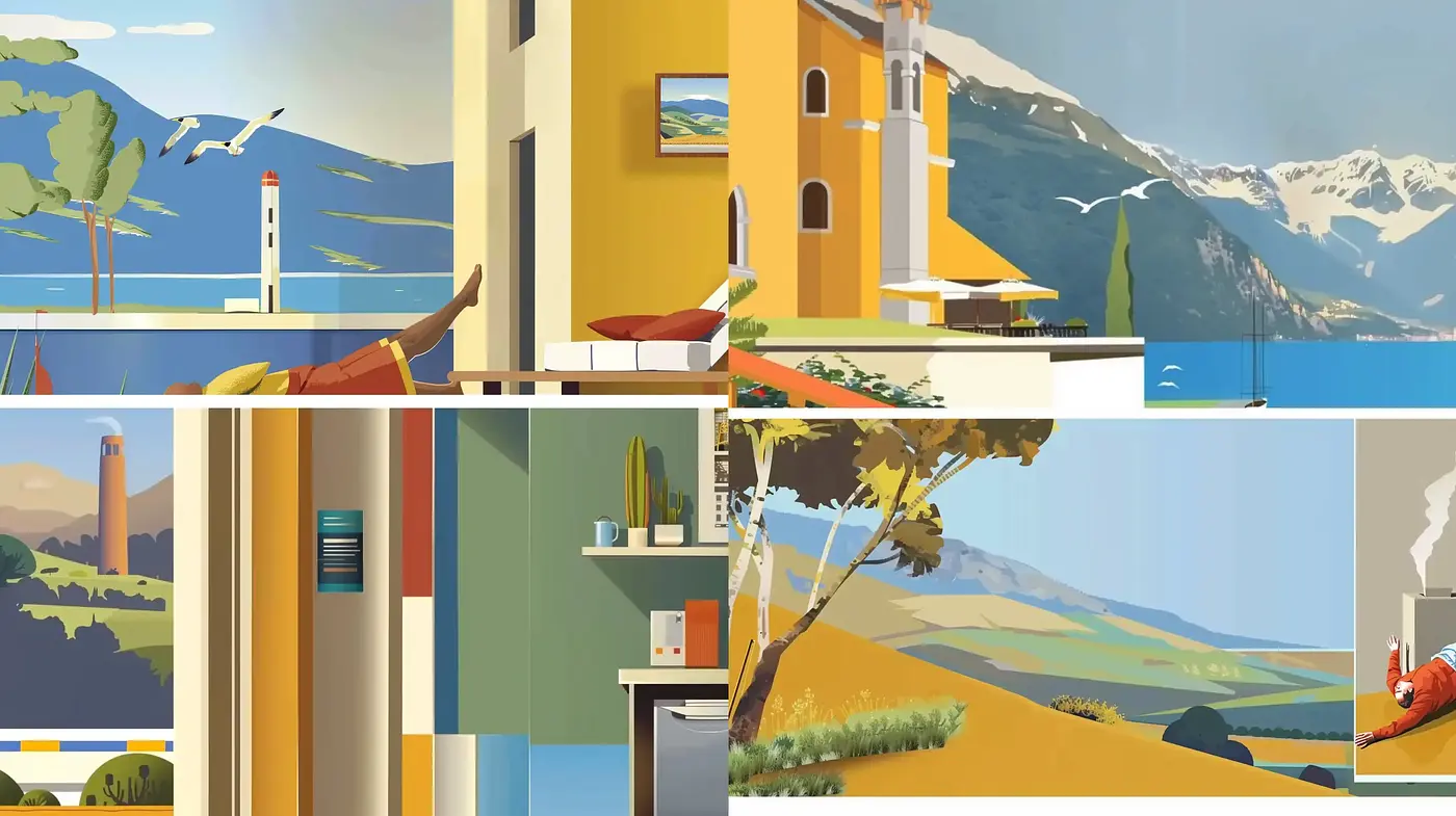 Serenity in Stylized Landscapes: A Harmonious Fusion of Simplified Forms and Pastel Hues - Midjourney sref style