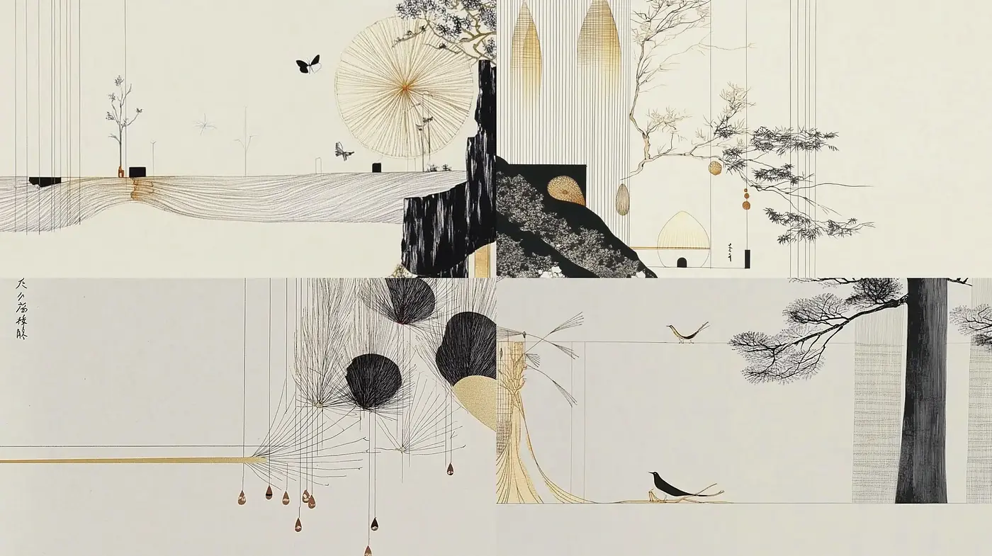 Ephemeral Nature in Monochrome: A Fusion of Ink Wash and Modern Minimalism - Midjourney sref style