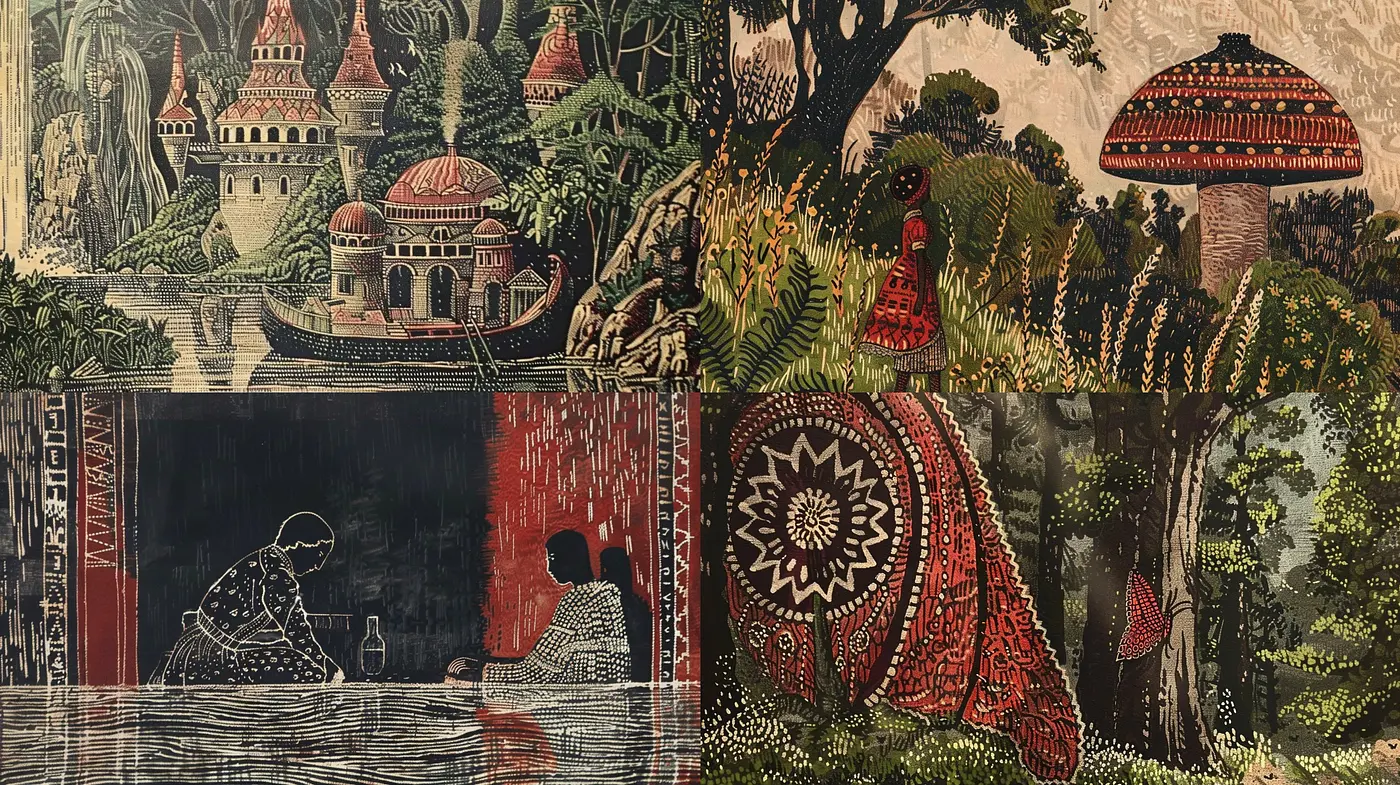Ethereal Nostalgic Tapestry - An Intricate Dance of Colors and Textures Evoking Timeless Tales - Midjourney sref style