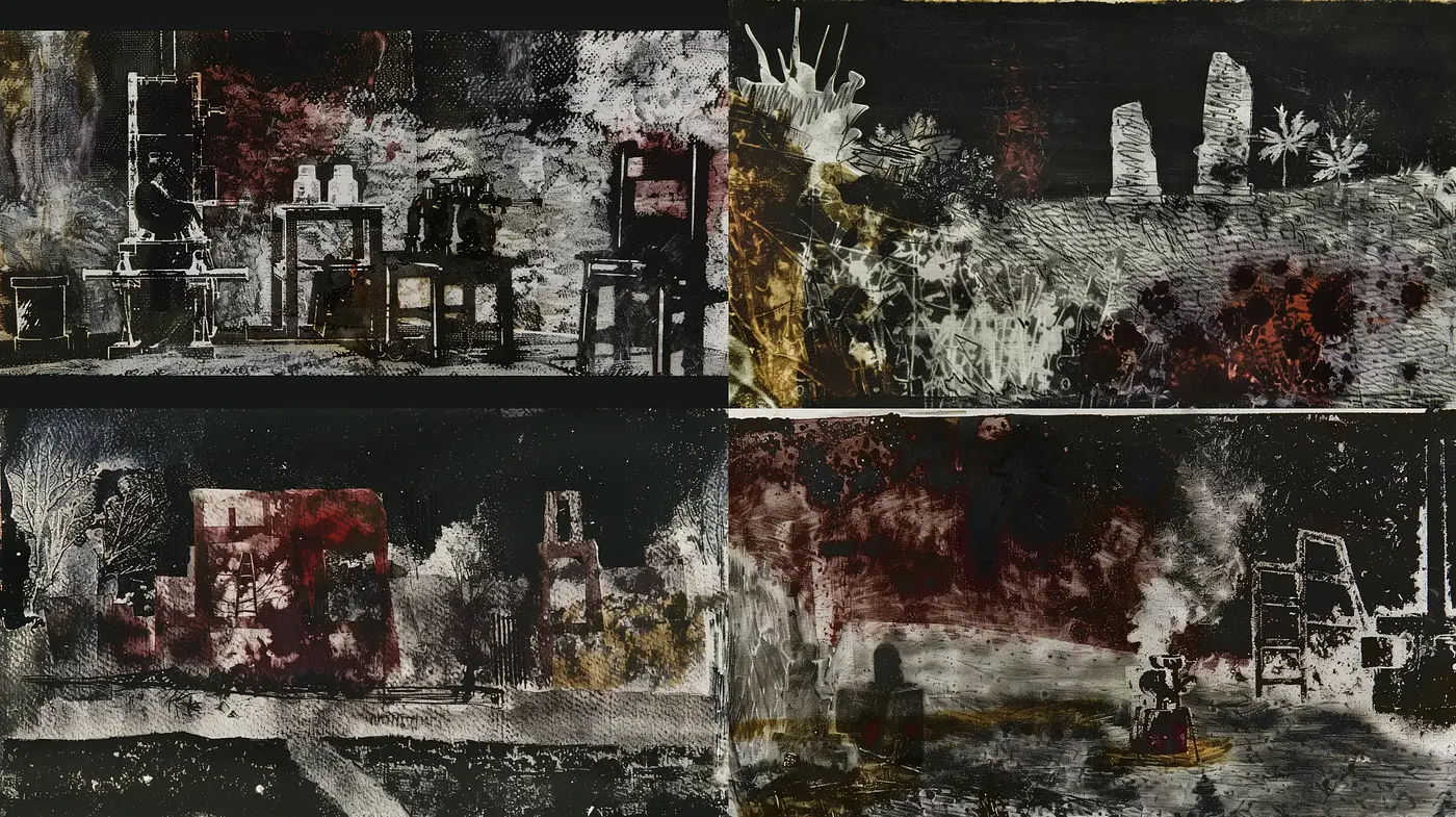 Nocturnal Tenebrism: An Evocative Fusion of Dark Hues and Rough Textures - Midjourney sref style