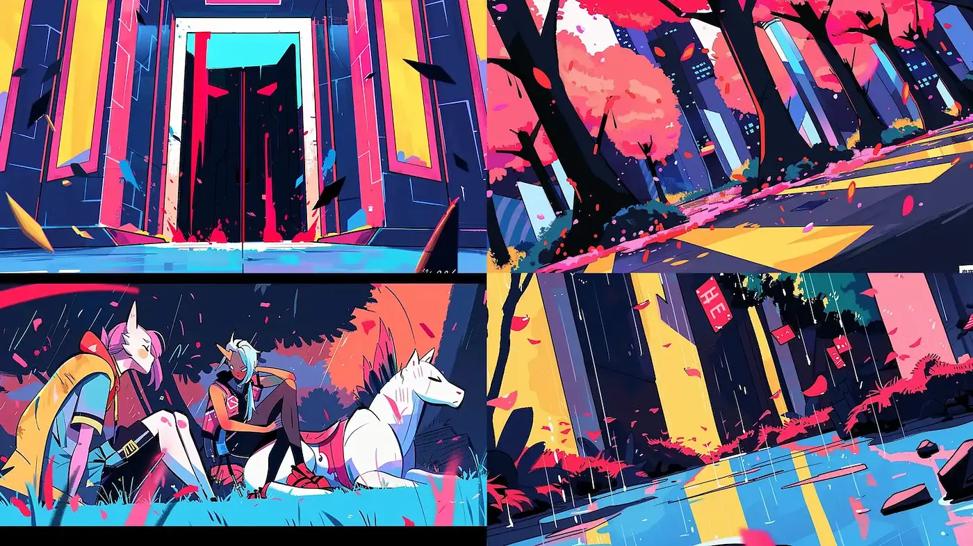 Vivid Digital Landscapes with a Playful, Anime-inspired Aesthetic - Midjourney sref style