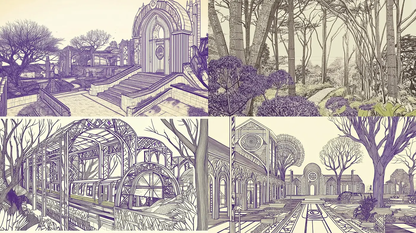 Sepia-Toned Pen-and-Ink Architectural Dreamscape - Midjourney sref style