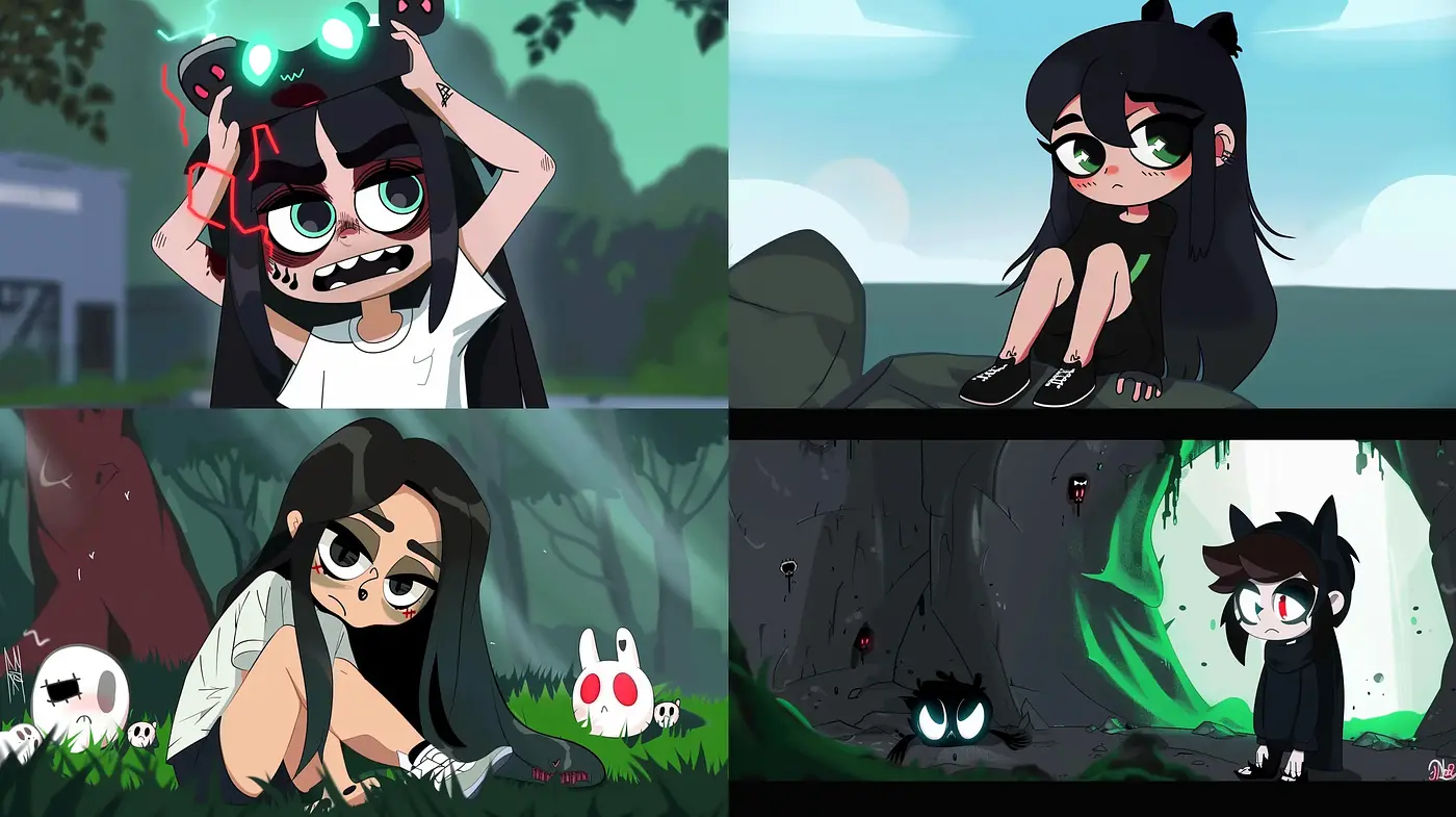 Dark Whimsicality in Stylized Cartoon Expressions - Midjourney sref style