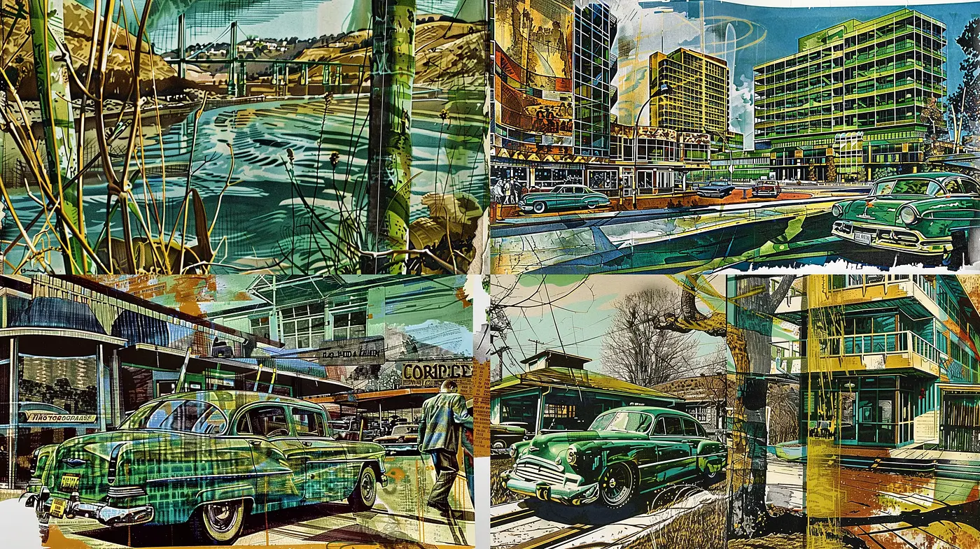 Retrofuturistic Collage with a Nostalgic Urban Tapestry - Midjourney sref style