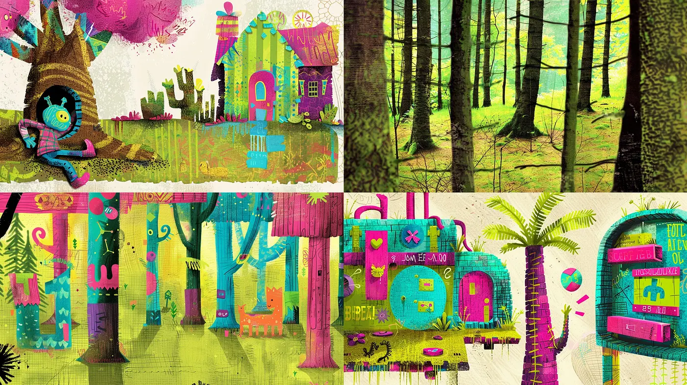 Consistently Whimsical and Textured Expressions in a Patchwork of Vivid Hues - Midjourney sref style