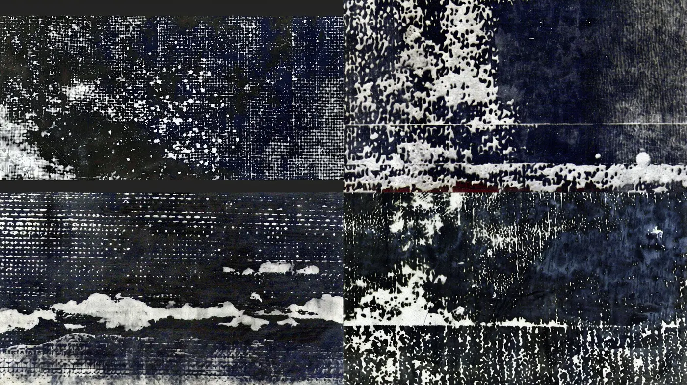 Abstract Textural Synthesis with a Monochromatic Grunge Appeal - Midjourney sref style