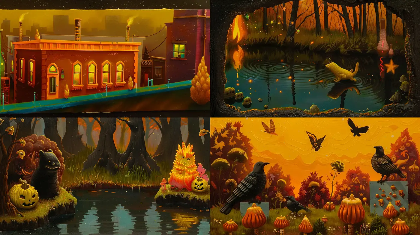 Autumnal Enchantment: A Harmonious Blend of Twilight Hues and Whimsical Imagery - Midjourney sref style
