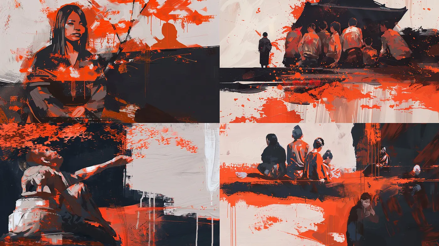 Enigmatic Brushstrokes in Red and Black: A Fusion of Digital Expressionism and Traditional Asian Aesthetics - Midjourney sref style