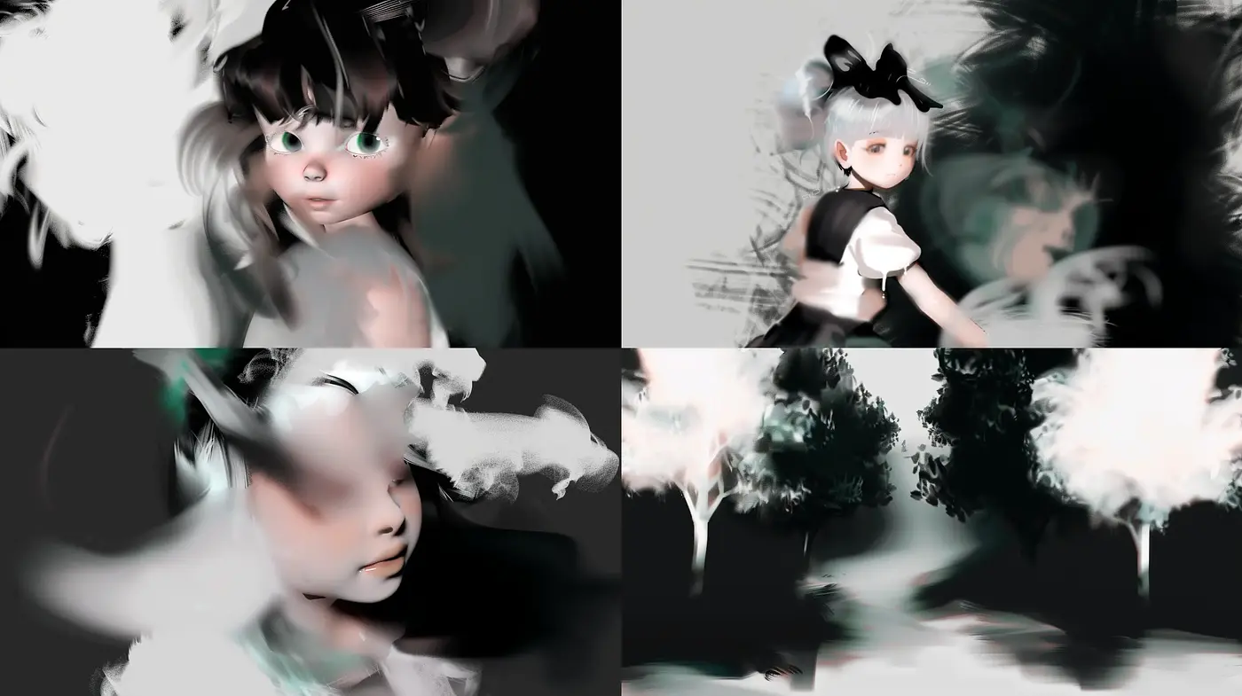Ethereal Monochrome Dreamscape with Surrealistic Brushstrokes - Midjourney sref style