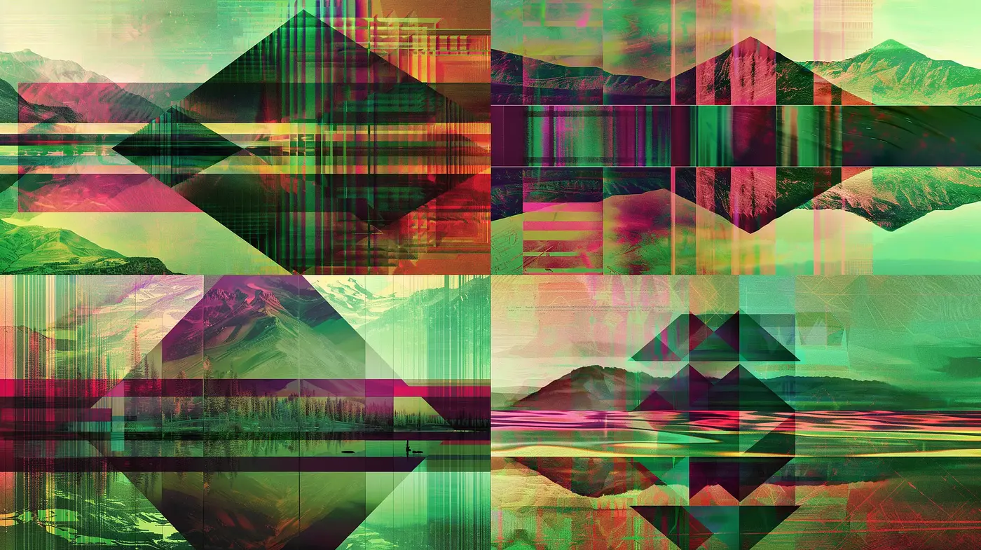 Geometric Glitch Mountainscape: A Digital Fusion of Nature and Data Distortion - Midjourney sref style