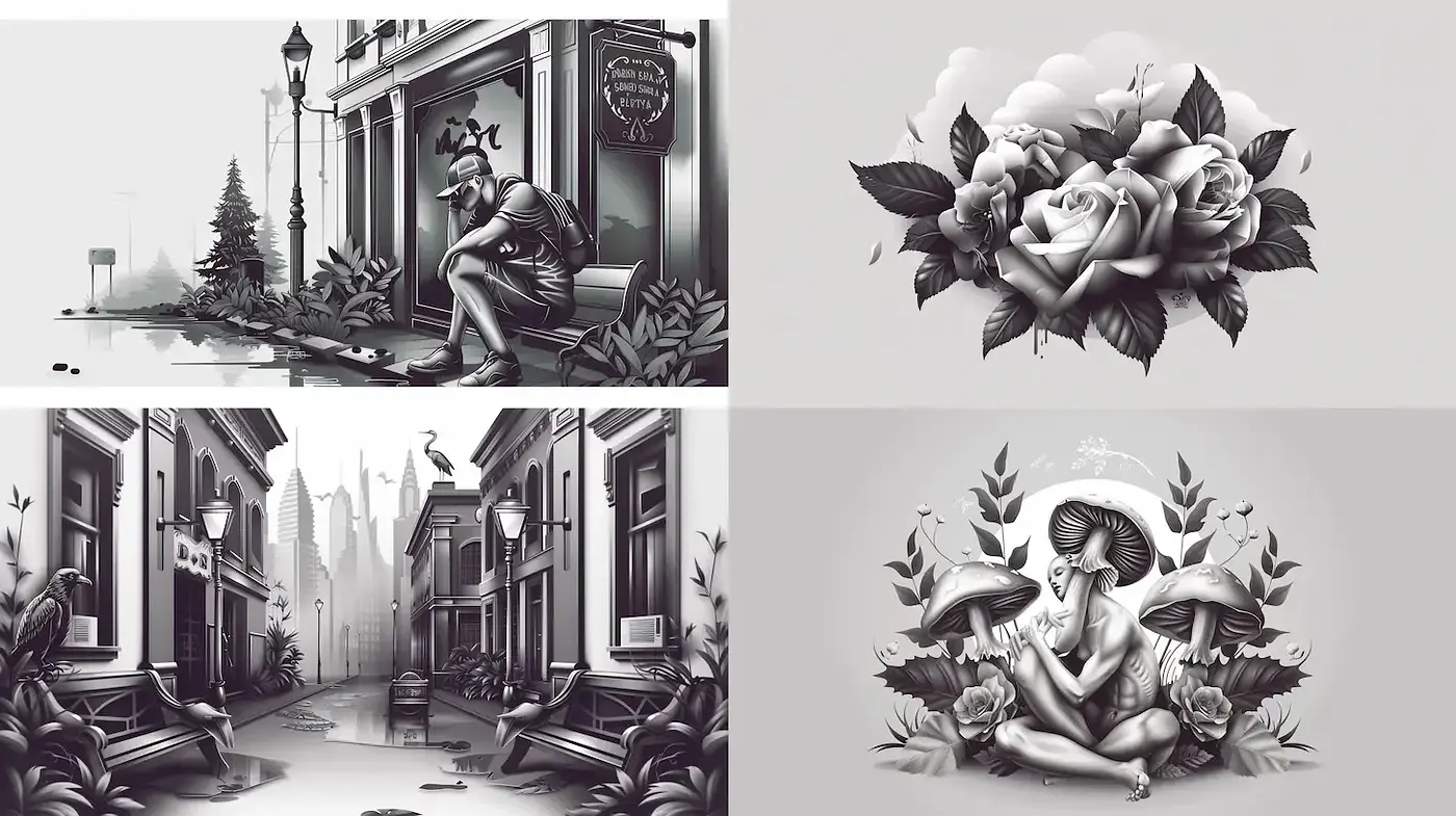 Stylized, monochromatic urban scenes with botanical motifs - Midjourney sref style