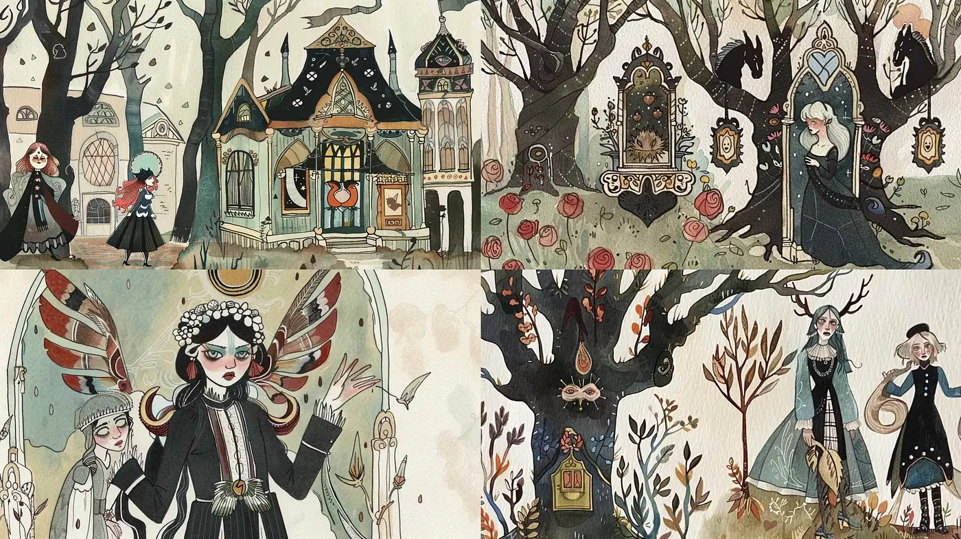 Enchanted Storybook Illustration with a Gothic Twist - Midjourney sref style