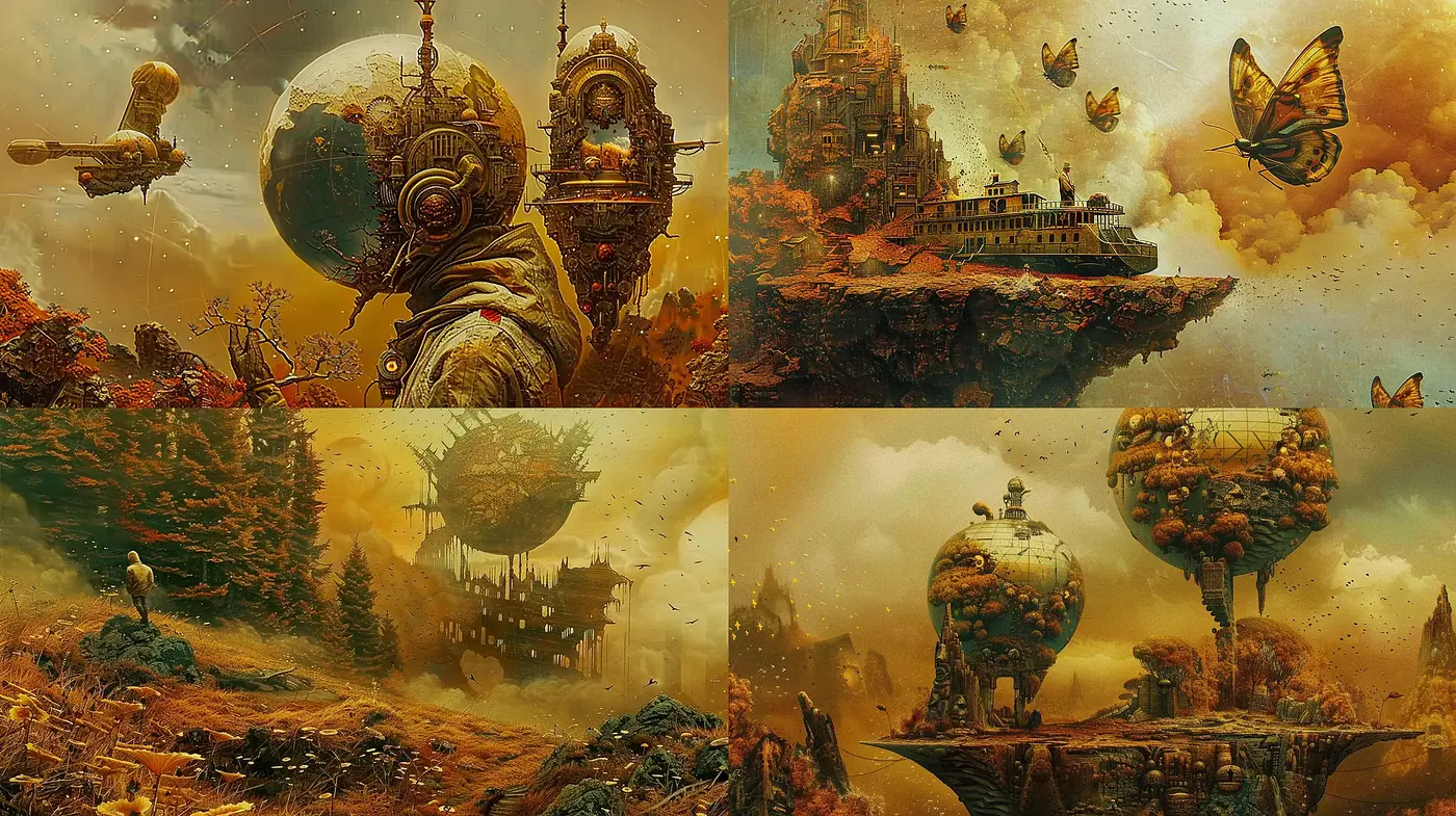 Surreal Steampunk Dreamscape with Ethereal Overtones - Midjourney sref style