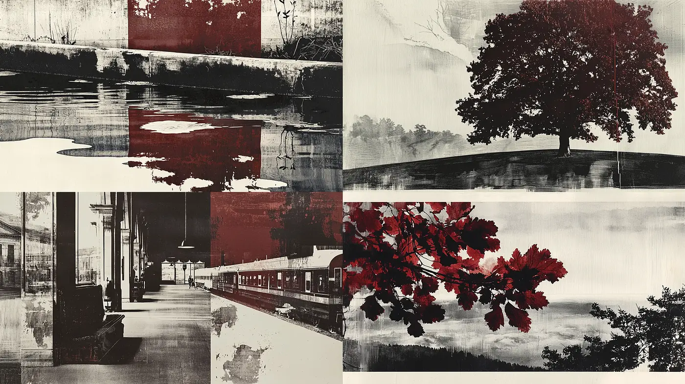Monochromatic Melancholia: A Study in Red and Grayscale Textural Contrasts - Midjourney sref style