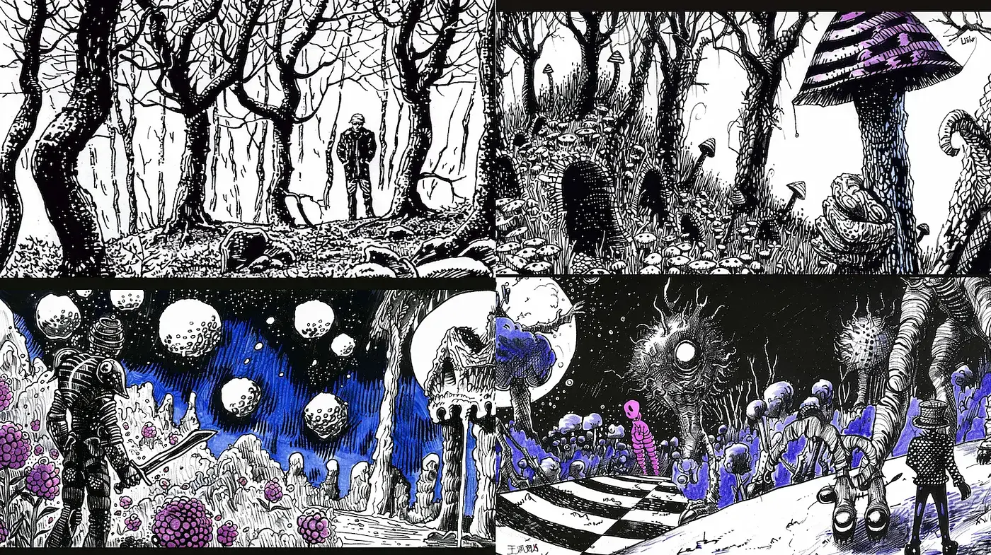 Surreal and Intricate Illustrative Fantasy with Distinctive Spacetime Elements - Midjourney sref style