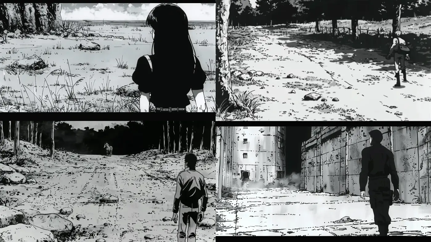 Monochrome Manga-Inspired Visuals with a Nostalgic Essence - Midjourney sref style