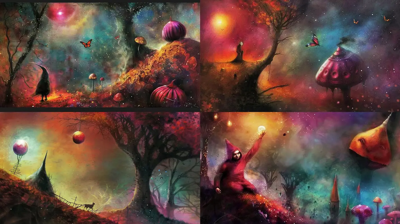 Ethereal Cosmic Dreamscapes: A Whimsical Interplay of Surrealism and Fantasy - Midjourney sref style
