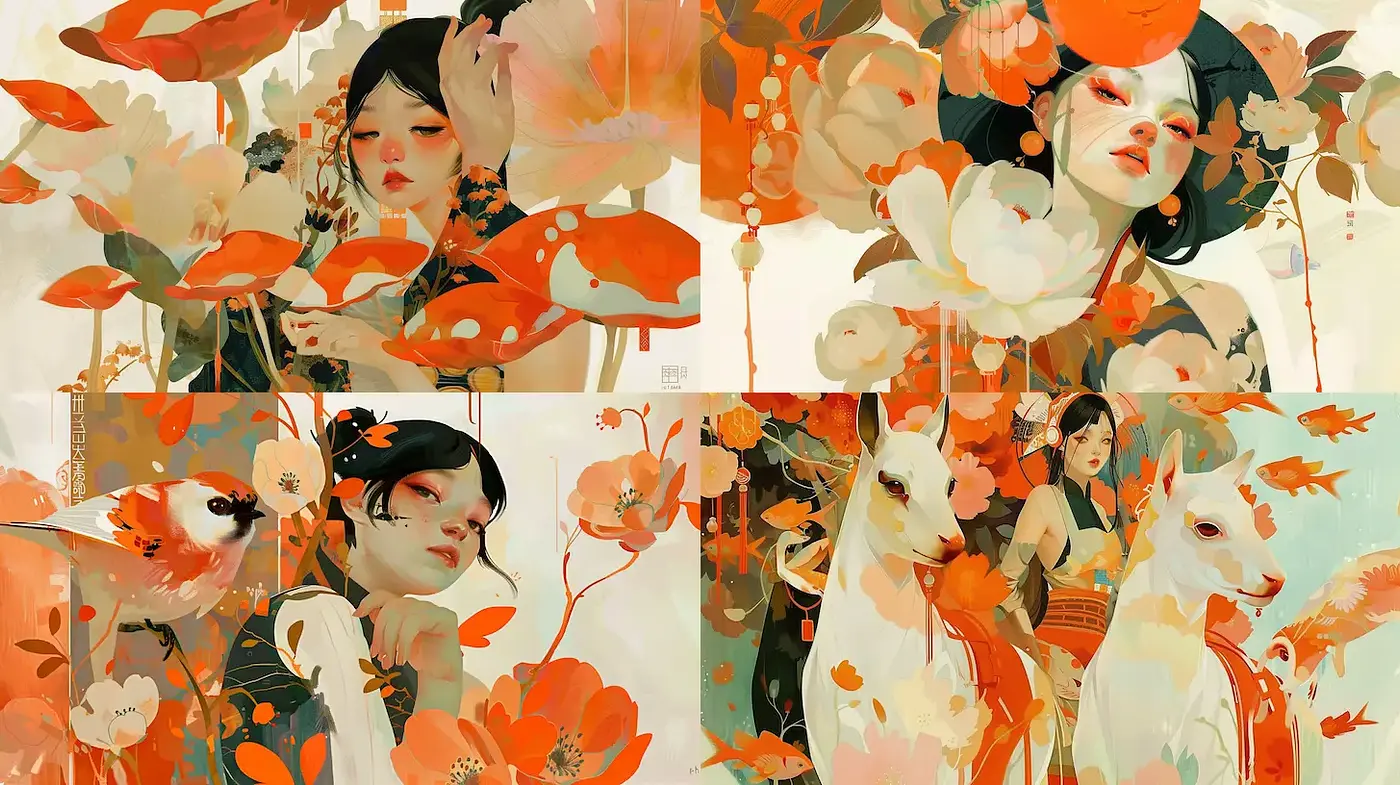 Harmonious blend of whimsy and elegance with a vibrant floral theme - Midjourney sref style