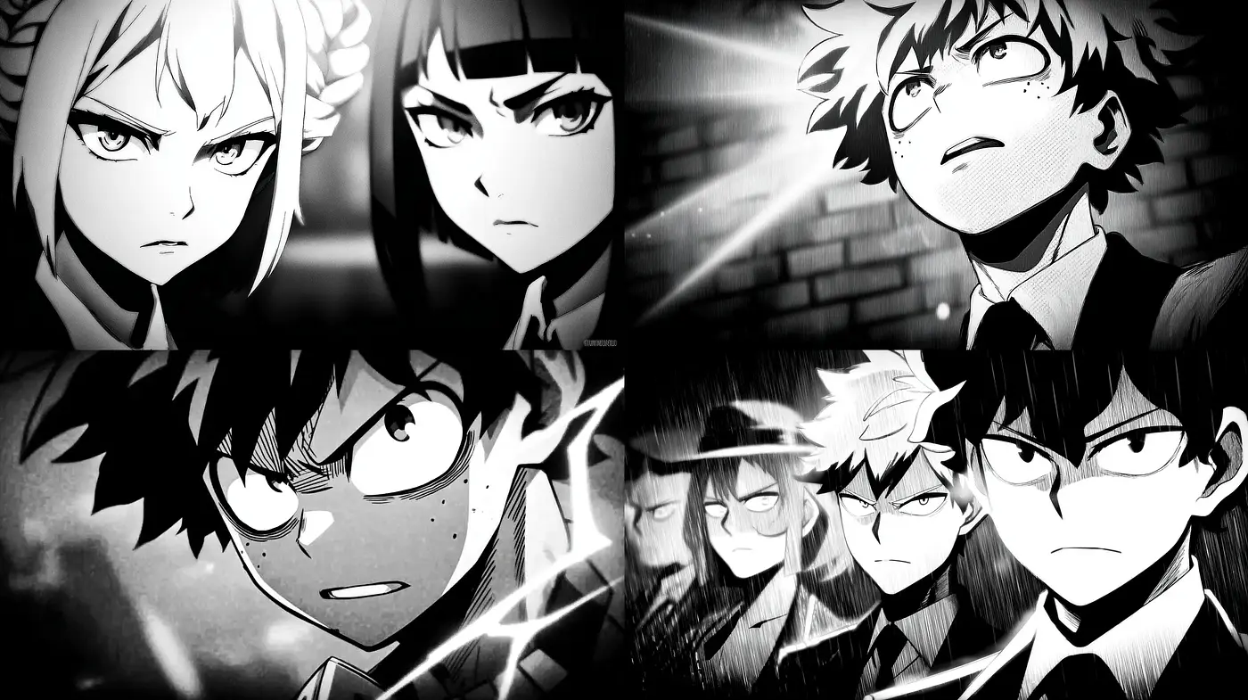 Drama-Filled Black-and-White Anime Style with Bold Textures - Midjourney sref style