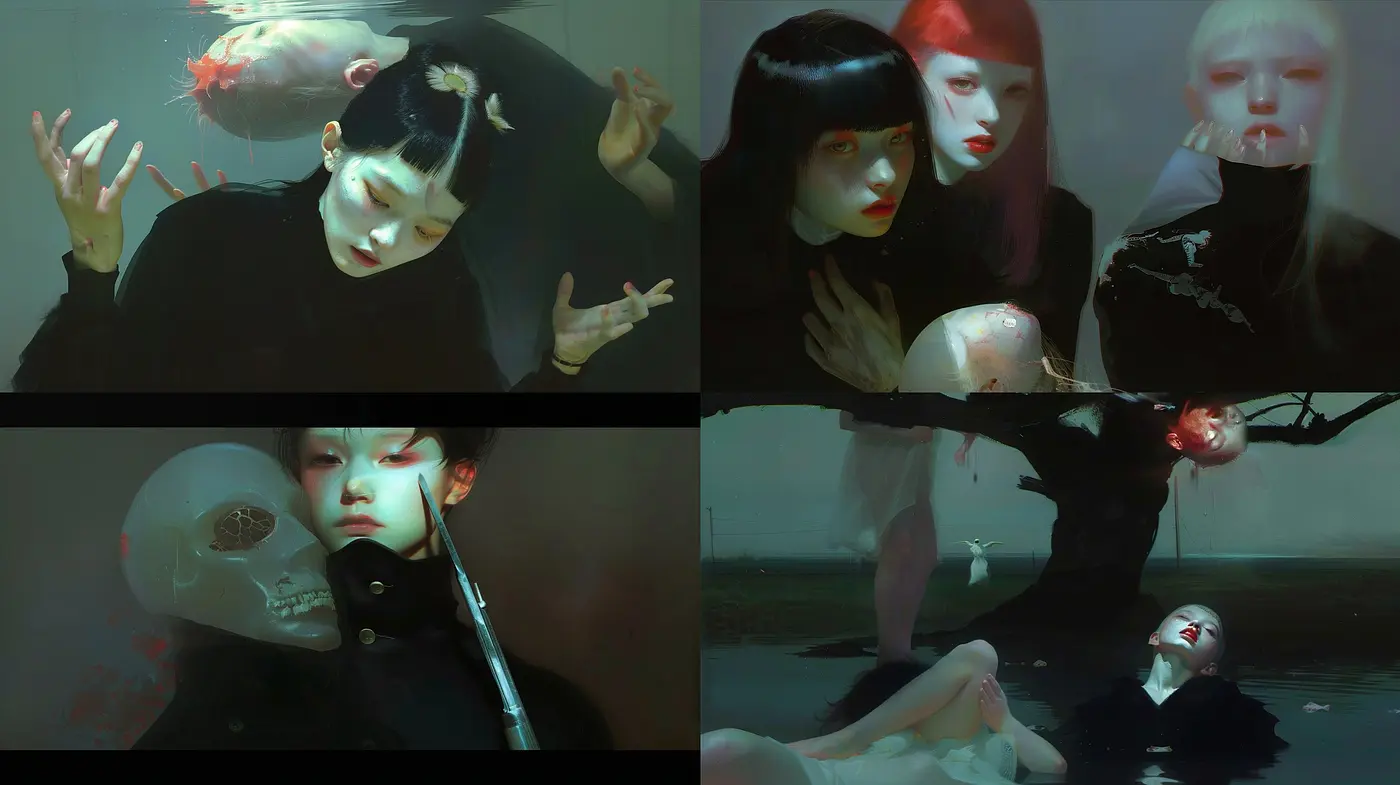 Ethereal Nocturne: The Consistent Haunting Elegance of a Dark, Surreal Dreamscape - Midjourney sref style