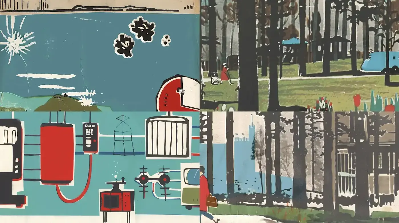 Vintage Mid-Century Modern with Textured Depth and Playful Elements - Midjourney sref style