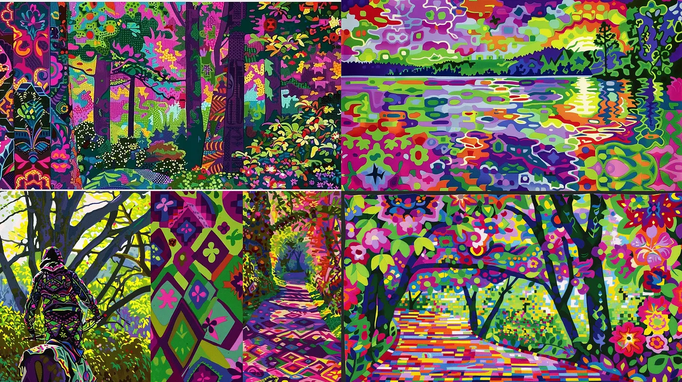 Psychedelic Nature Walk: A Vivid Journey Through Stylized Forests and Rivers - Midjourney sref style
