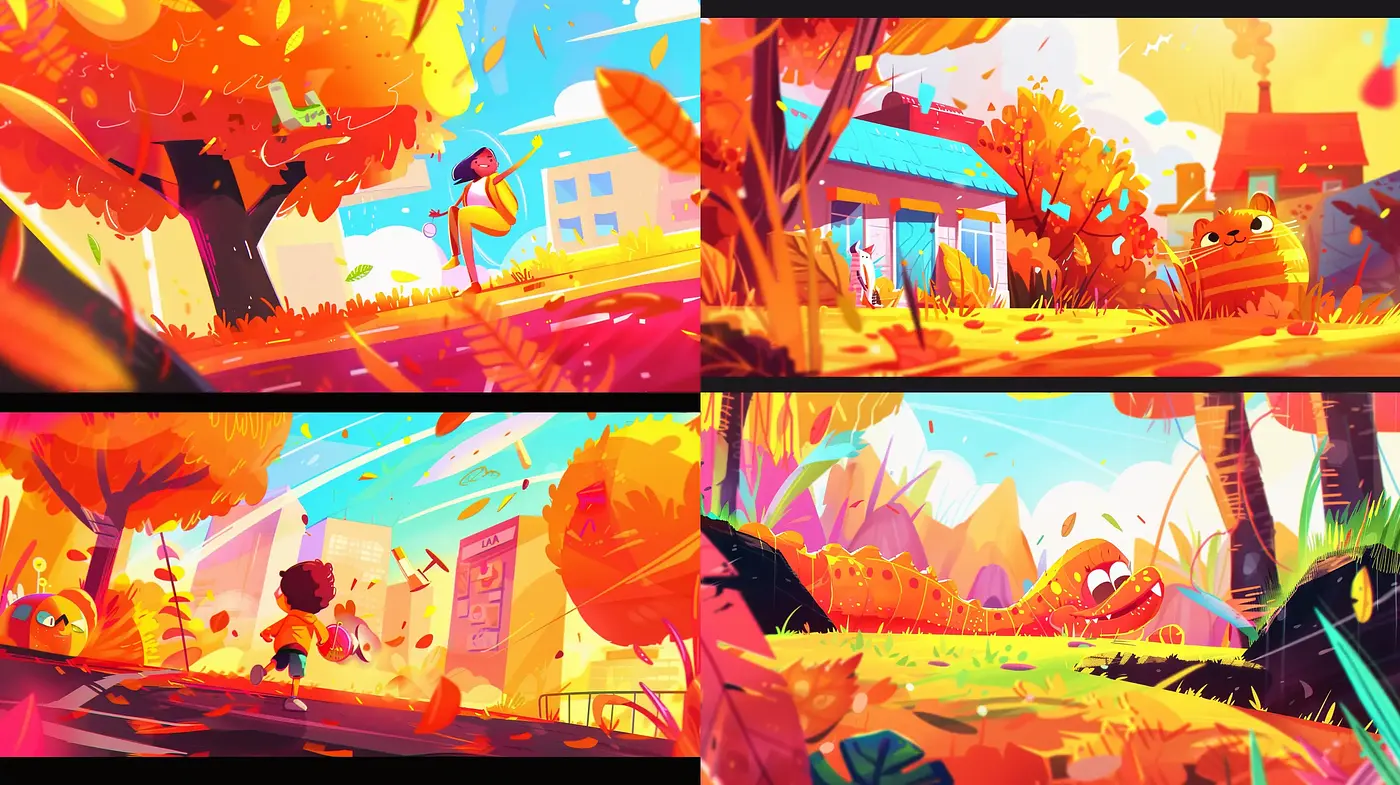 Vibrant Autumn Hues in Stylized Digital Illustration - Midjourney sref style