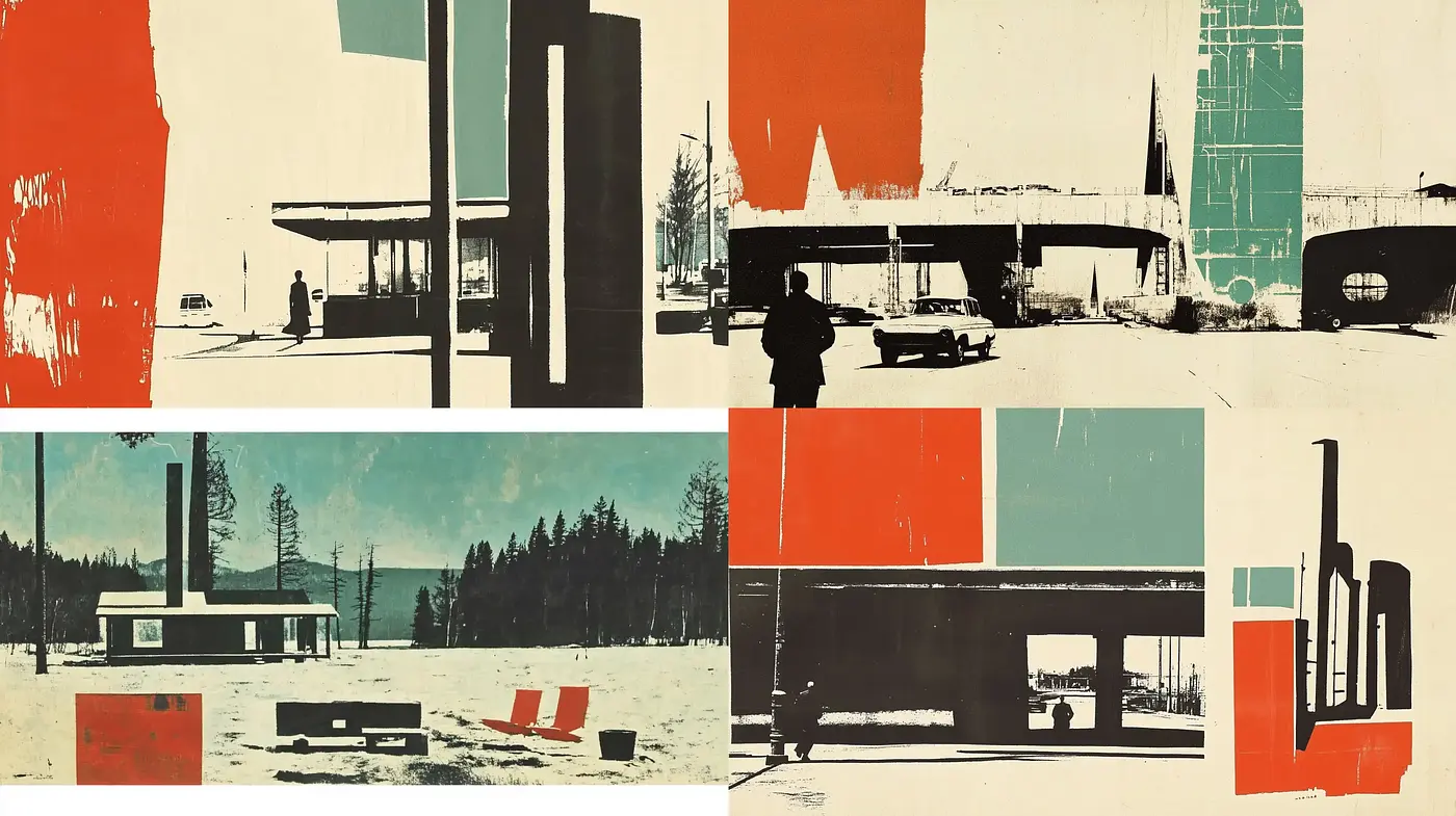 Retro Modernist Fusion with Red Accents and Textured Overtones - Midjourney sref style