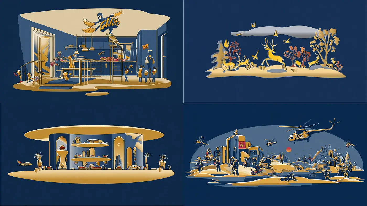 Stylized Narrative Scenes with Rich Colors and Playful Composition - Midjourney sref style